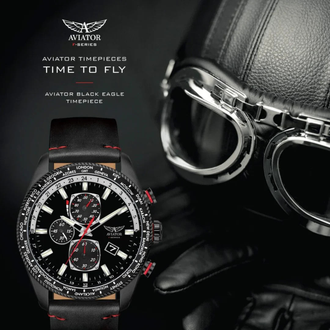 Aviator AVAW9485 Herren-Chronograph mit schwarzem Lederarmband, Modell VD7