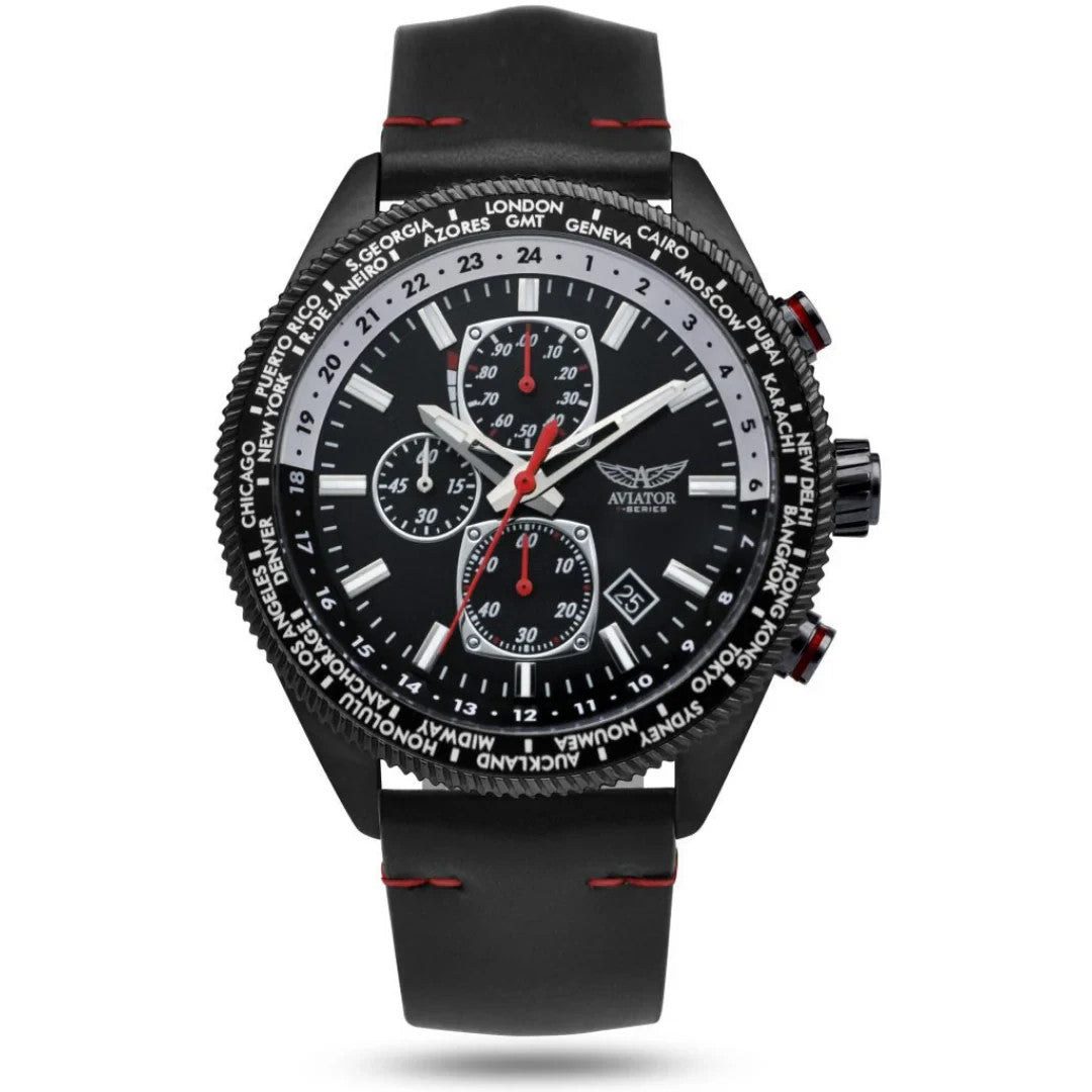 Aviator AVAW9485 Herren-Chronograph mit schwarzem Lederarmband, Modell VD7